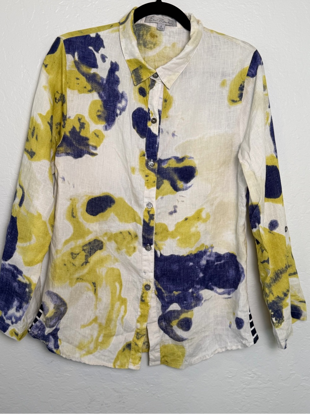 Earl Rutenberg Linen Button Front Blouse Size 6 Green Blue Watercolor Floral